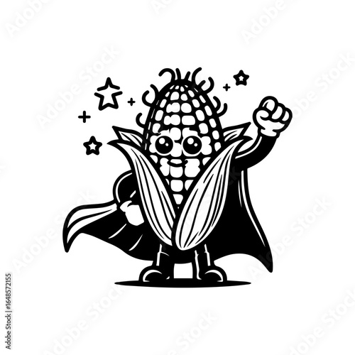 Super Corn Cob Hero with Cape and Stars Ready to Save the Day.