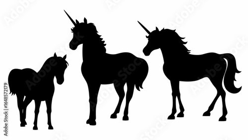 Silhouette illustration showcasing three unicorns of varying sizes standing side by side on a white background | editable eps vectors