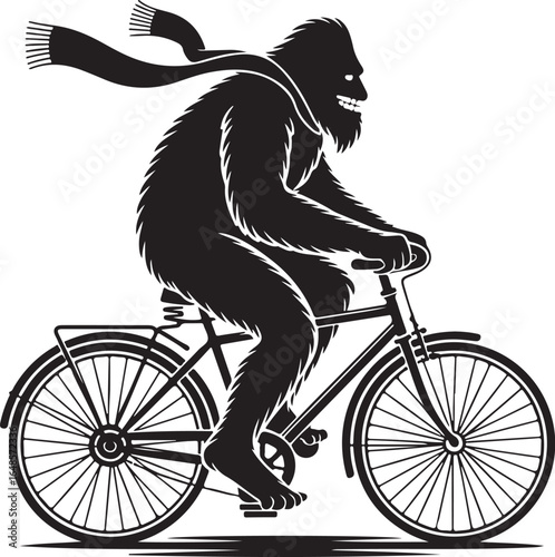 Bigfoot riding bicycle with scarf blowing in wind