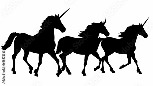 Three unicorns running in silhouette with flowing manes and tails on a white background illustration | editable eps vectors