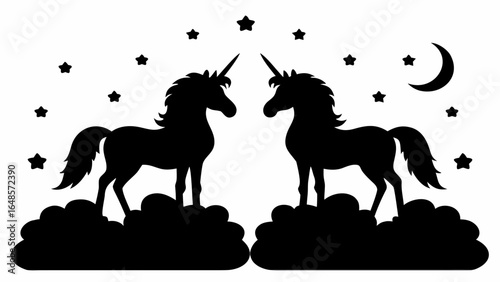 Two unicorn silhouettes standing on clouds with stars and moon in a whimsical night scene design | editable eps vectors