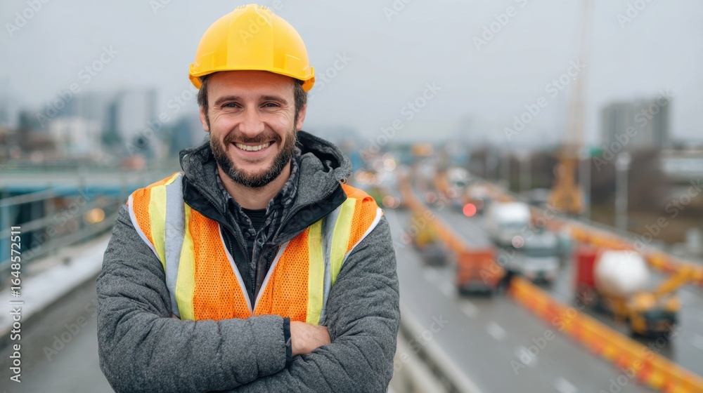 Obraz premium A smiling construction worker wearing a hard hat and safety vest stands confidently on a busy urban highway.