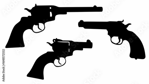Silhouette illustration featuring three vintage revolvers in varying positions and orientations shown clearly | editable eps vectors