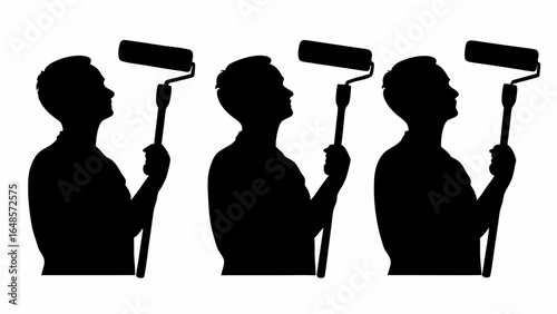 Three silhouettes of men holding paint rollers in a row against a white background scene design | editable eps vectors