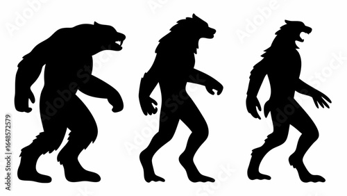 Silhouetted illustration depicting the stages of werewolf transformation in three distinct phases shown side by side | editable eps vectors