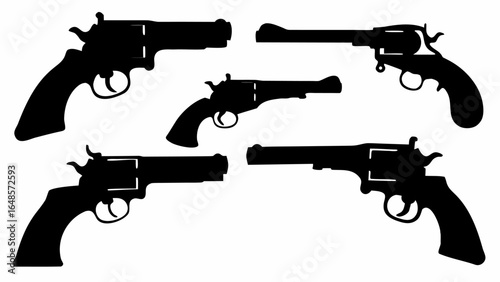 Silhouette depiction of five revolvers in varying orientations against a white background space field | editable eps vectors