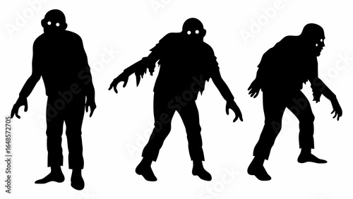Three zombie silhouettes with glowing eyes walking forward in a menacing and spooky manner scene design | editable eps vectors