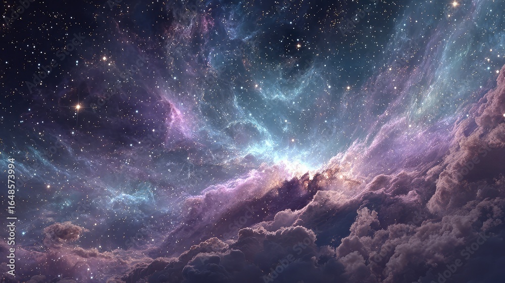 Fototapeta premium Digital wallpaper showcasing a detailed space scene with galaxies, stars, and nebulae glowing in bright purples, blues, and pinks, ideal for cosmic-themed designs and wallpapers.