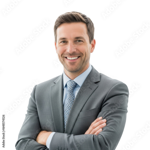 Smiling businessman in suit with arms crossed isolated on transparent background
