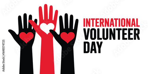 international volunteer day logo with black, red and white raised hands featuring heart icons promoting compassion, unity and global service