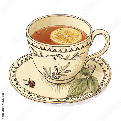 Indulge in a calming tea moment with this elegant cup and saucer, a delightful blend of citrus and serenity for your wellness designs and soothing visuals