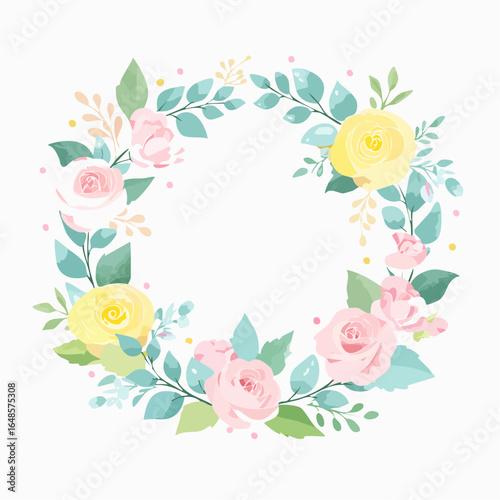 A vector floral wreath design in pastel watercolor style, using light pink roses, mint leaves, and pale yellow accents, ideal for greeting cards.