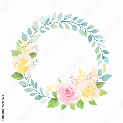 A vector floral wreath design in pastel watercolor style, using light pink roses, mint leaves, and pale yellow accents, ideal for greeting cards.