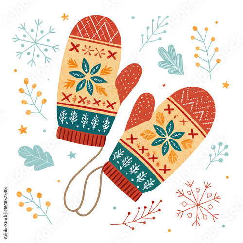 Cozy winter mittens illustration perfect for holiday promotions or festive designs, adding warmth and charm with snowflakes and decorative elements