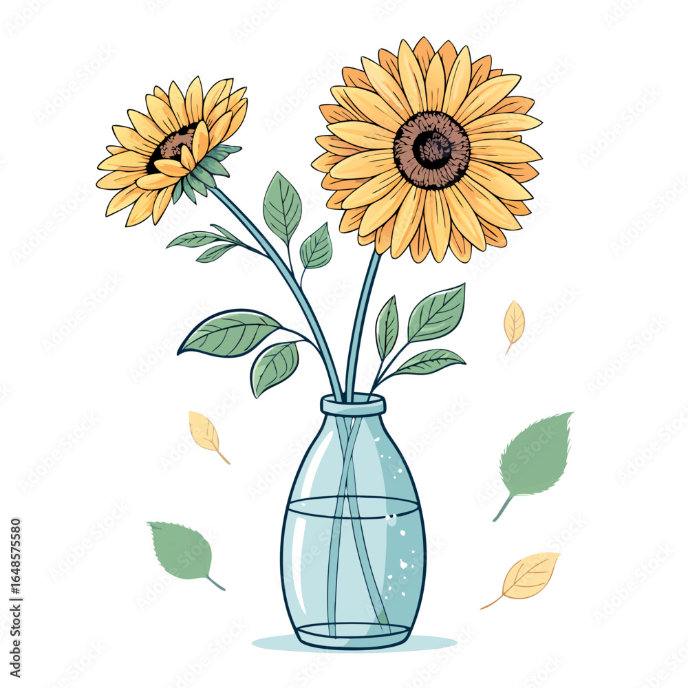 Obraz premium Cheerful sunflowers in a vase, bright and uplifting floral arrangement, perfect for summer greetings or adding a touch of sunshine to any project, originally vector
