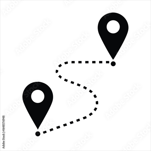 Two Location Pins Connected by a Dotted Line Silhouette Vector Icon on White Background