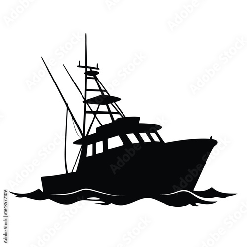 Black silhouette of a fishing boat on water black and white
