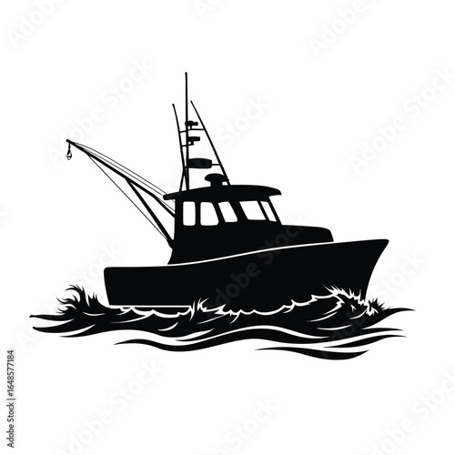 Black silhouette of a fishing boat on water black and white