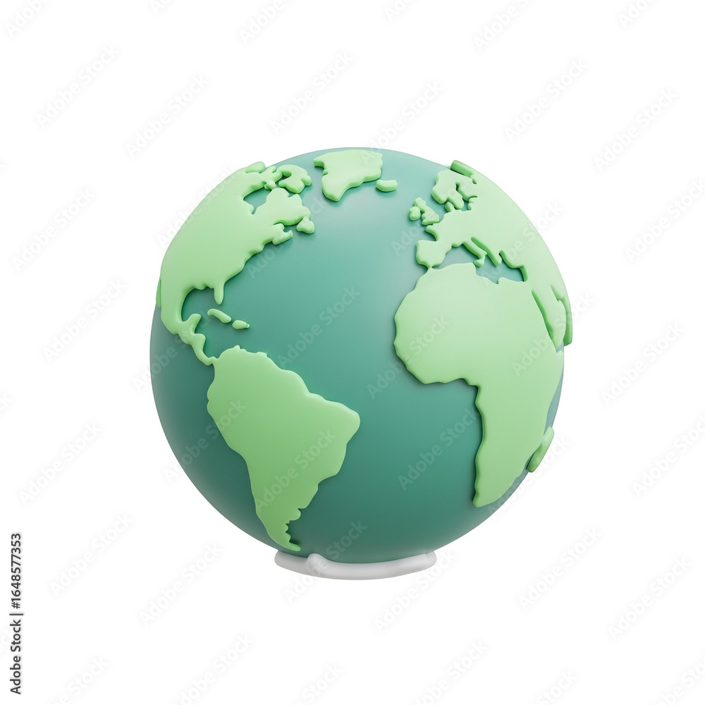Naklejka premium A stylized globe with continents in light green against a teal ocean, on transparent background.