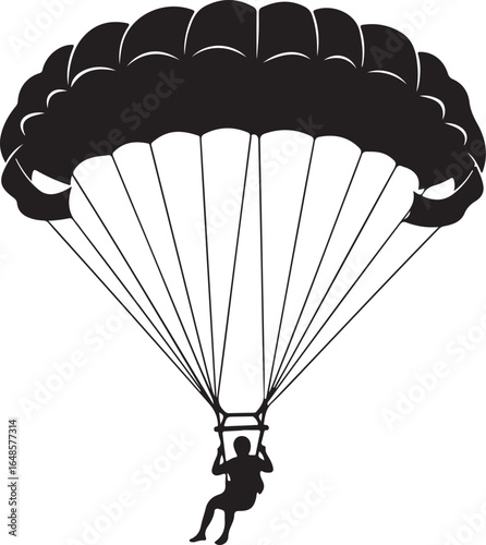 Black and White Parachutist Silhouette Descending Safely with Open Parachute Illustration Graphic Design Element Vector