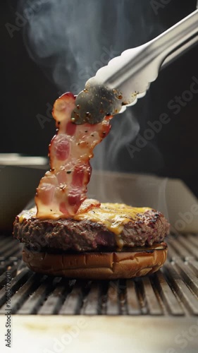 An extreme close-up video, vertically framed, shows professional metal tongs delicately lowering sizzling bacon onto a char-grilled gourmet burger with melted cheddar on a hot grill, steam rising,