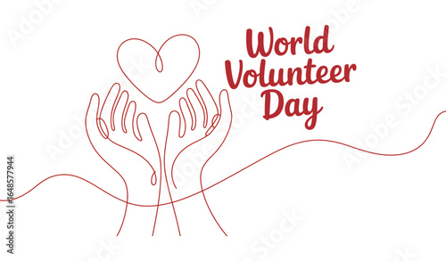 world volunteer day logo with red continuous line hands and heart symbol promoting community service, compassion and global solidarity