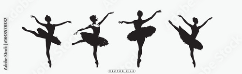 Silhouettes of ballet dancers in various poses on white background