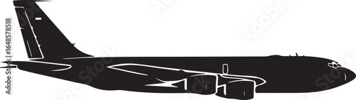 Detailed silhouette of an airplane featuring its wing engines and tail isolated on a white background