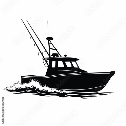 Black silhouette of a fishing boat with outriggers on white