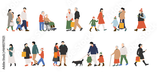 冬服の男女・家族・高齢者の買い物イラストセット/Winter Shopping People Set – Neutral Colors, No Background