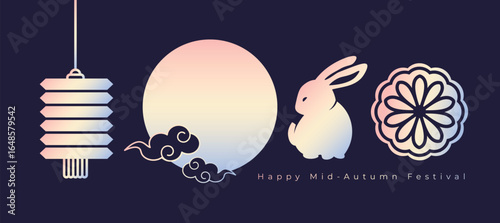 Vector Mid-Autumn Festival card design featuring a full moon, moon rabbit, mooncakes, lanterns, in gradient style, banner layout.