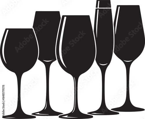 Elegant Silhouette of Various Wine and Champagne Glasses for Celebration and Special Occasions in Minimalist Style Graphic Art