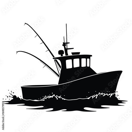 Black silhouette of a fishing trawler boat at sea fishing boat