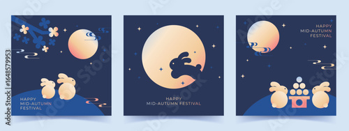 Set of vector Mid-Autumn Festival templates in gradient style with a full moon, rabbits, tsukimi dango and osmanthus patterns on a dark blue background.