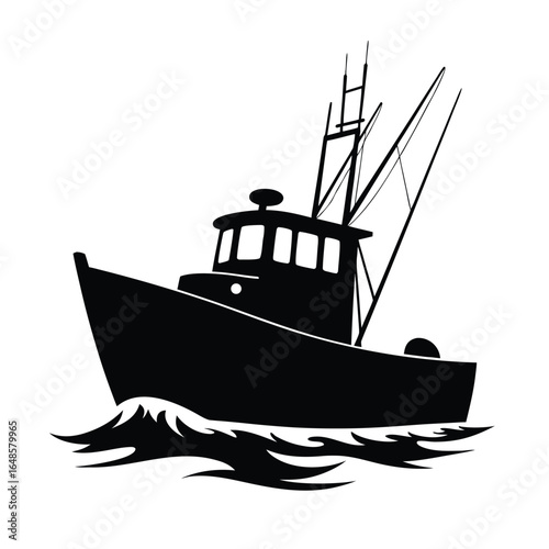 Black silhouette of a fishing trawler boat on waves