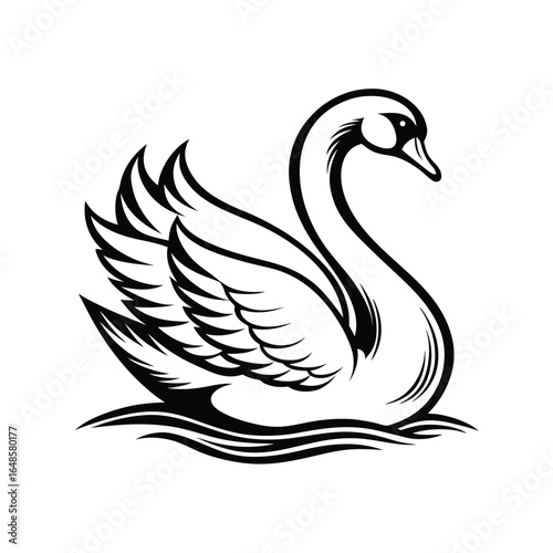 Elegant line art illustration of a graceful swan gliding serenely on calm water