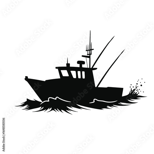 Black silhouette of a fishing trawler boat sailing through choppy water