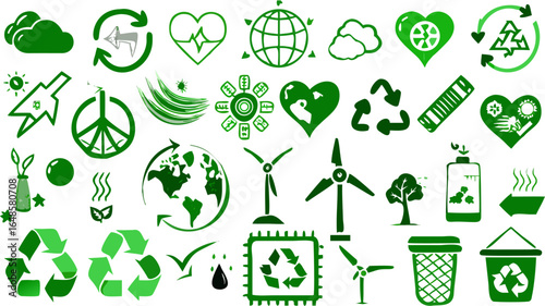 Collection of green ecology and environmental icons representing sustainability and conservation efforts silhouette
