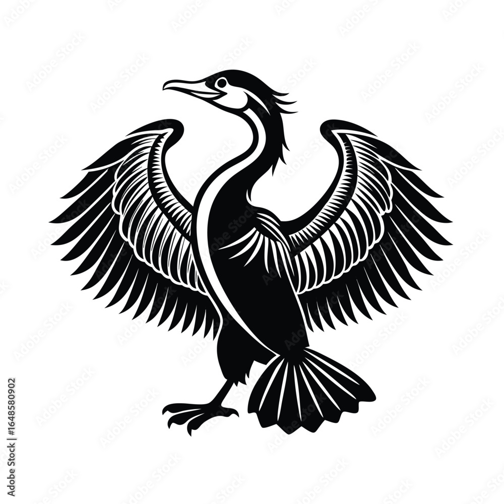 Fototapeta premium Elegant line art illustration of a great cormorant drying its wings on a white background