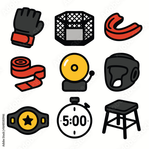 Collection of combat sports equipment and symbols