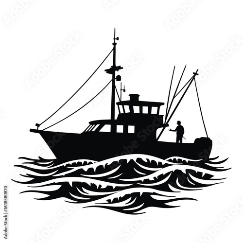 Black silhouette of a fishing trawler on choppy waves with a person on deck