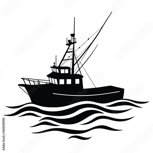 Black silhouette of a fishing trawler on stylized waves
