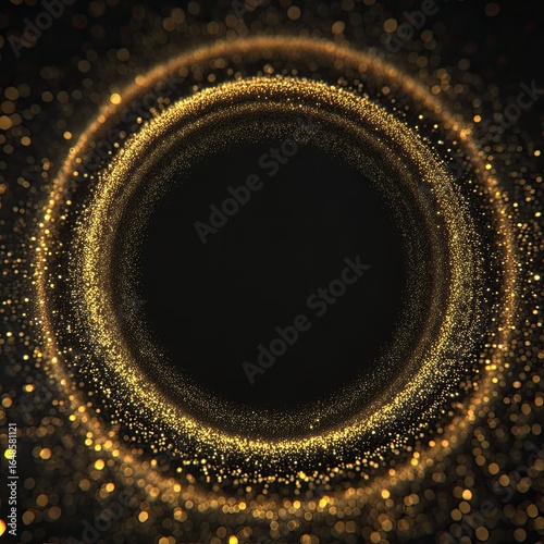 Golden swirling particles create a circular frame on a dark background