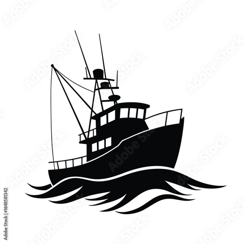 Black silhouette of a fishing trawler on stylized waves