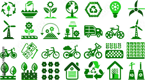 Collection of green environmental and ecological icons including plants vehicles and energy sources silhouette