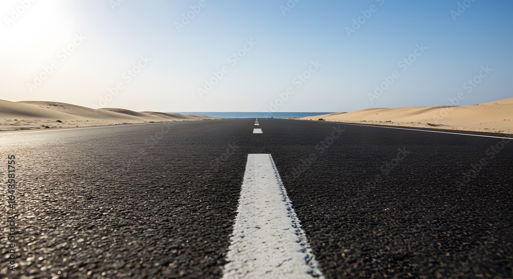Fototapeta premium A long asphalt road stretches through a desert landscape towards the distant sea under a clear blue sky