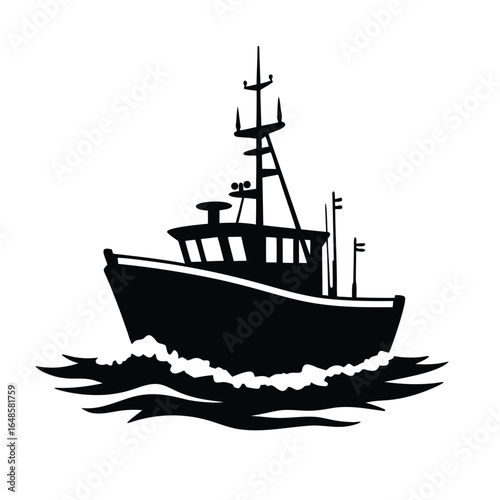 Black silhouette of a fishing trawler on white fishing boat