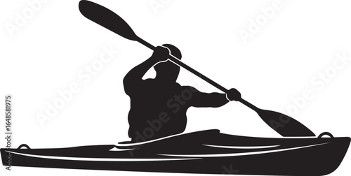 Silhouette of person kayaking with paddle vector illustration of outdoor water sport activity for travel and recreation isolated on white background