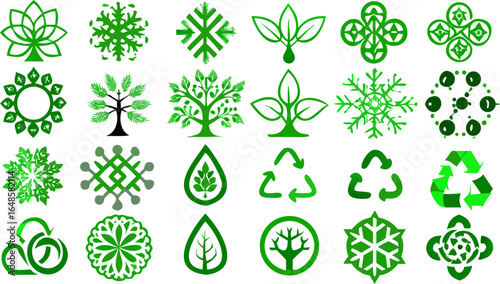 Collection of twenty four green nature themed icons including leaves trees recycle symbols and snowflakes designs silhouette