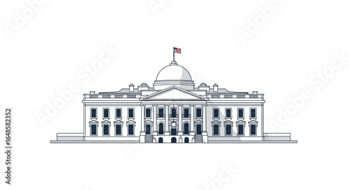 White House Outline Drawing with Dome and Flag